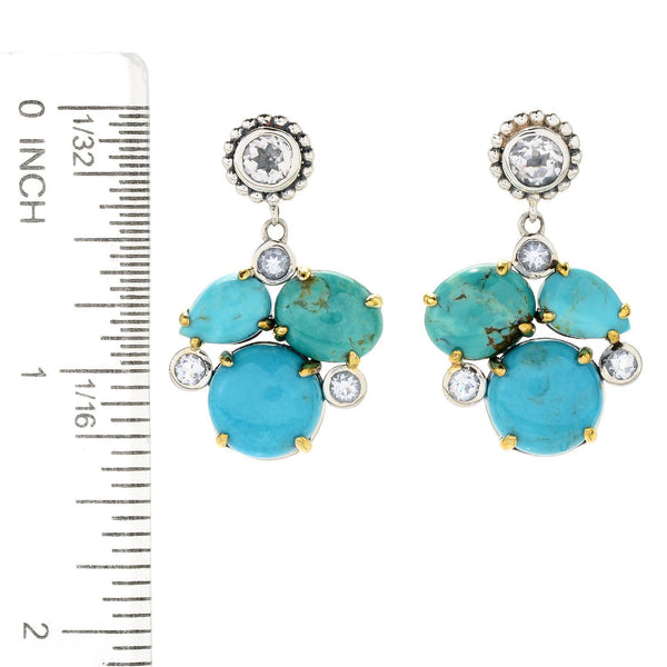 925 Sterling Silver Women Drop Dangle Earring White Topaz and Campitos Turquoise