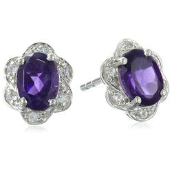 925 Sterling Silver Women  Stud Earring African Amethyst Oval