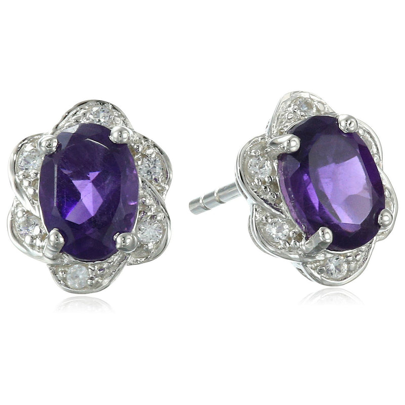 925 Sterling Silver Women  Stud Earring African Amethyst Oval