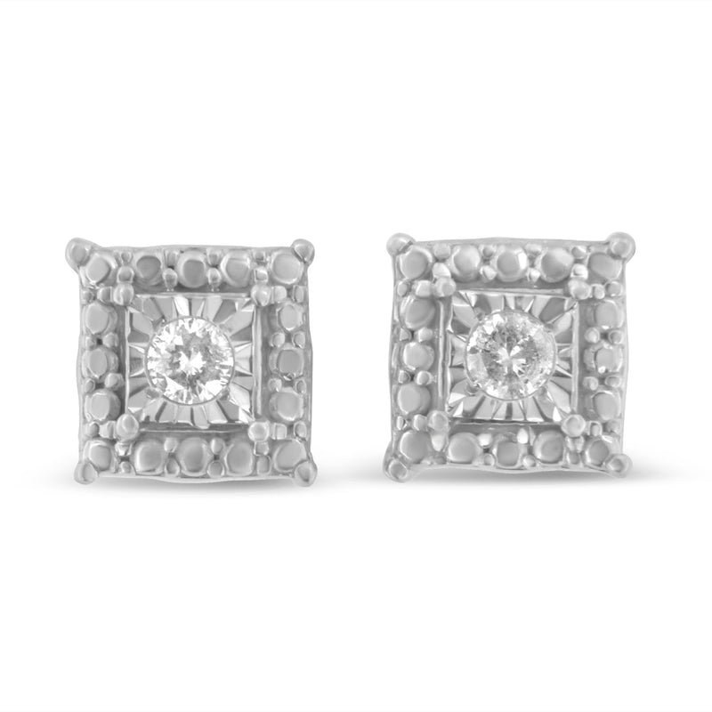 .925 Sterling Silver 1/10 Cttw Round Brilliant-Cut Near Colorless Diamond Miracle-Set Beaded Square Stud Earrings (H-I Color, I2-I3 Clarity)