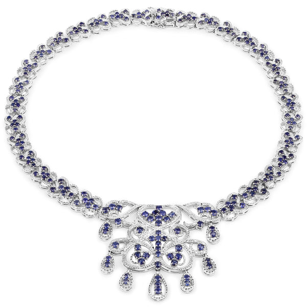 26.37 Carat Genuine Glass Filled Sapphire and White Diamond .925 Sterling Silver Necklace