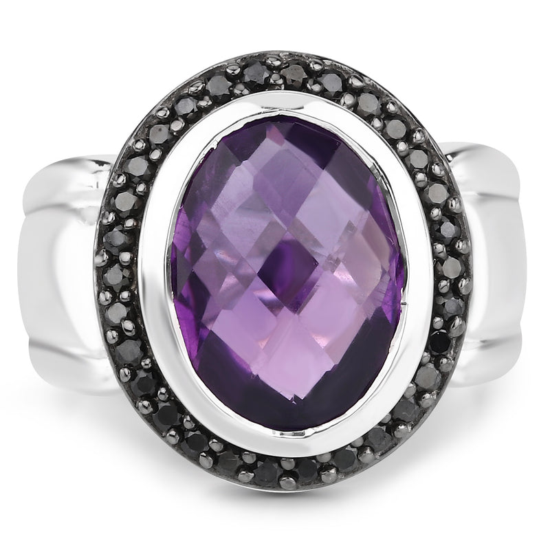 5.35 Carat Genuine Amethyst and Black Spinel .925 Sterling Silver Ring