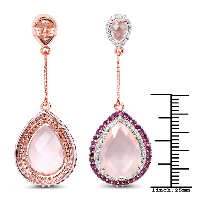 14K Rose Gold Plated 15.20 Carat Genuine Rose Quartz, Amethyst and White Topaz .925 Sterling Silver Earrings