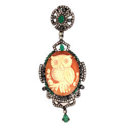 Carved Gemstone Owl Pendant Pave Diamond 925 Sterling Silver Jewelry For Women's