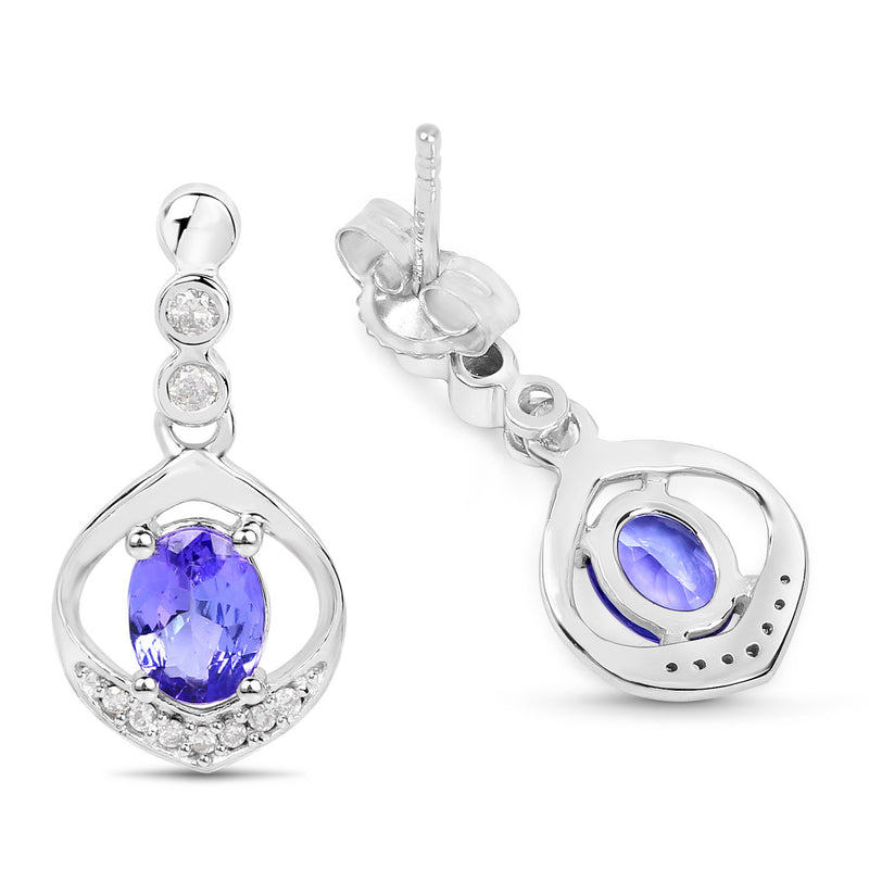 0.76 Carat Genuine Tanzanite and White Diamond 14K White Gold Earrings