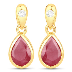 1.65 Carat Genuine Johnson Ruby and White Diamond 14K Yellow Gold Earrings