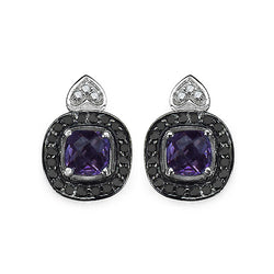 1.36 Carat Genuine Amethyst, Black Diamond & White Diamond .925 Sterling Silver Earrings