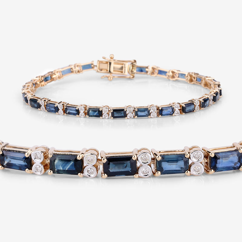 9.57 Carat Genuine Blue Sapphire and White Diamond 14K Yellow Gold Bracelet