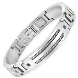 Titanium Men's Bracelet, Mens Titanium Bracelet with Silver Plated Steel Inlay, 0.48ctw. Natural Blue Sapphire Rounds