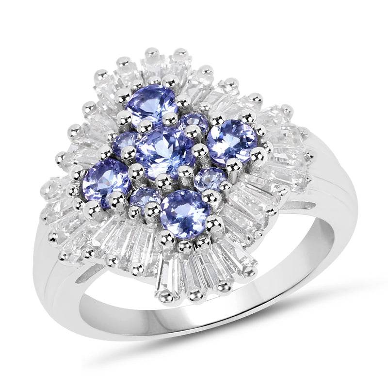 2.55 Carat Genuine Tanzanite and White Topaz .925 Sterling Silver Ring