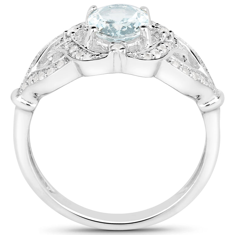 1.37 Carat Genuine Aquamarine and White Zircon .925 Sterling Silver Ring