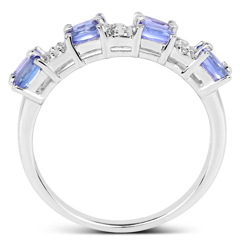 14K White Gold Plated 0.99 Carat Genuine Tanzanite and White Topaz .925 Sterling Silver Ring