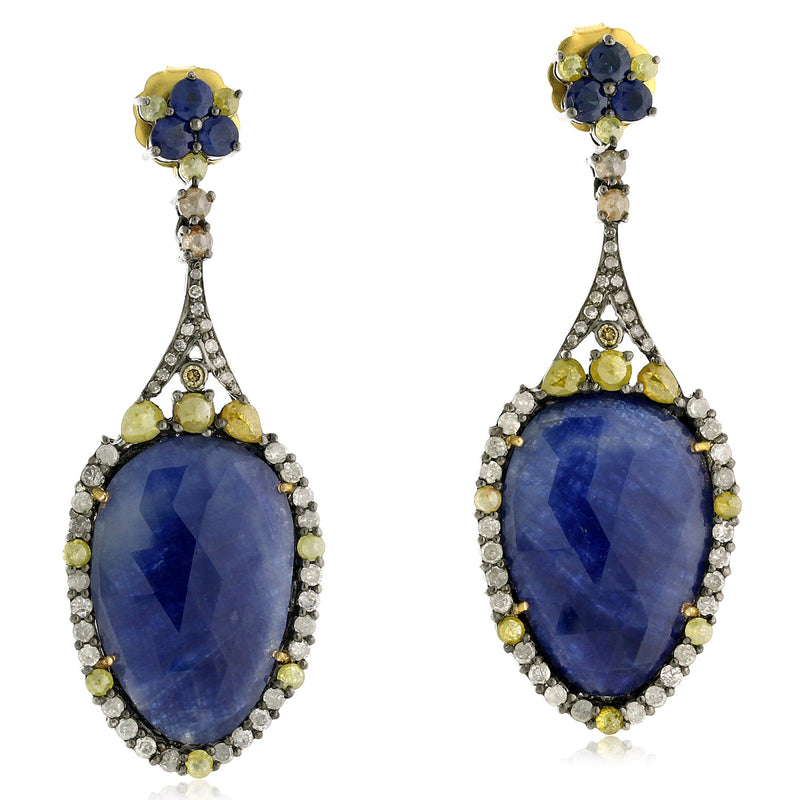 Natural Sapphire Dangle Earrings 925 Silver 18k Yellow Gold Jewelry