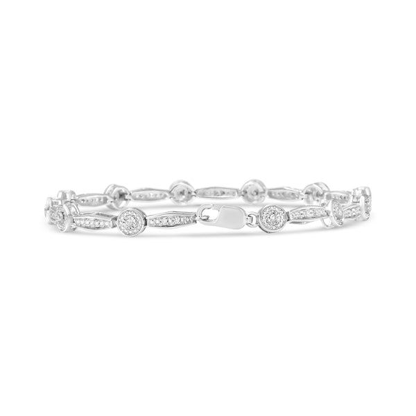 .925 Sterling Silver 1/4 Cttw Diamond Circle and Rectangle Shaped Halo Link Bracelet (I-J Color, I2-I3 Clarity) - 7.25"