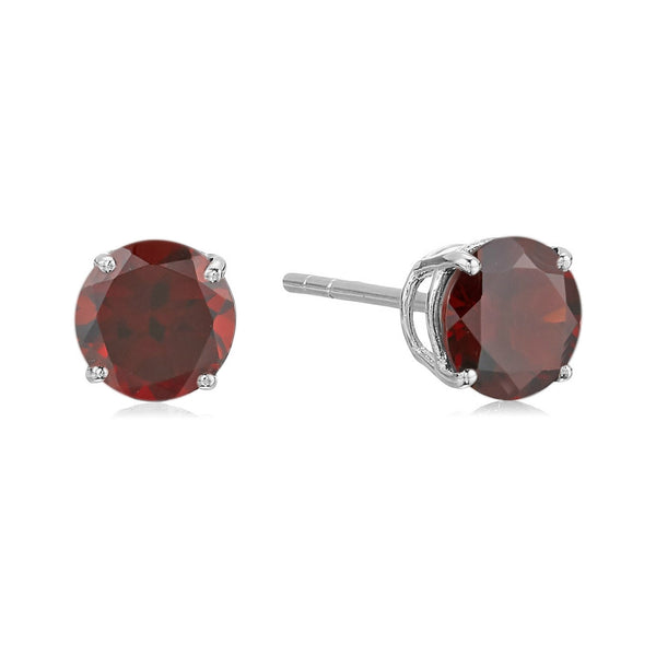 925 Sterling Silver Women  Stud Earring Red Garnet Round