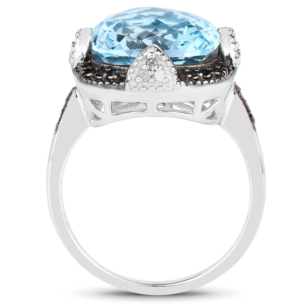 8.29 Carat Genuine Swiss Blue Topaz, Black Diamond & White Diamond .925 Sterling Silver Ring