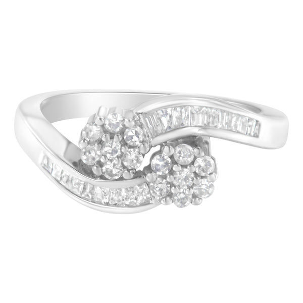 14K White Gold Round and Baguette Diamond Bypass Ring (1/2 cttw, H-I Color, I1-I2 Clarity) - Ring Size 6