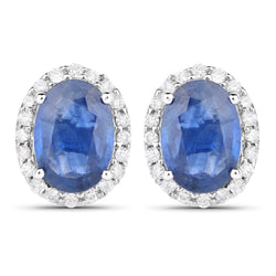 2.16 Carat Genuine Blue Sapphire and White Diamond 14K White Gold Earrings