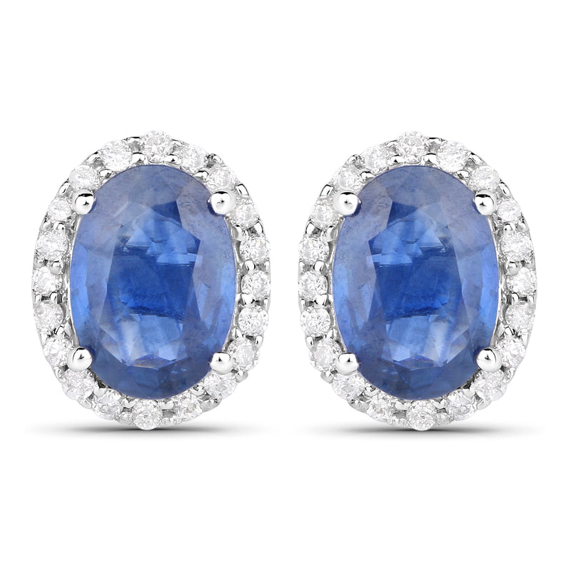 2.16 Carat Genuine Blue Sapphire and White Diamond 14K White Gold Earrings