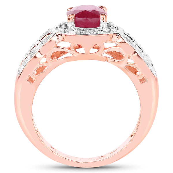 14K Rose Gold Plated 1.67 Carat Glass Filled Ruby and White Topaz .925 Sterling Silver Ring