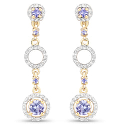 14K Yellow Gold Plated 1.09 Carat Genuine Tanzanite and White Topaz .925 Sterling Silver Earrings