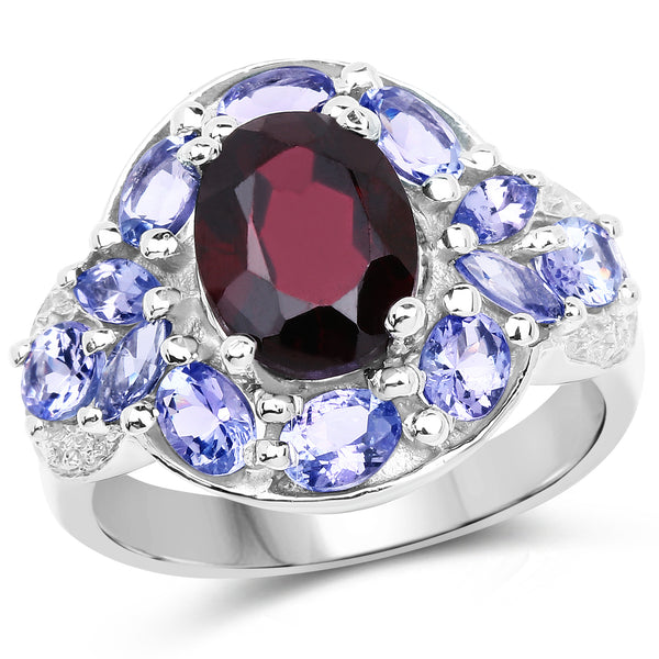4.20 Carat Genuine Garnet, Tanzanite & White Topaz .925 Sterling Silver Ring