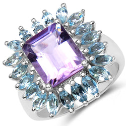 4.45 Carat Genuine Amethyst & Blue Topaz .925 Sterling Silver Ring