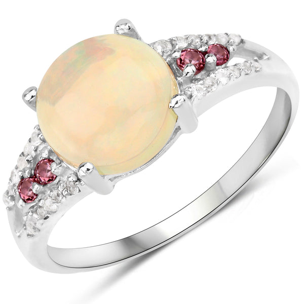 2.05 Carat Genuine Ethiopian Opal, Pink Tourmaline and White Topaz .925 Sterling Silver Ring