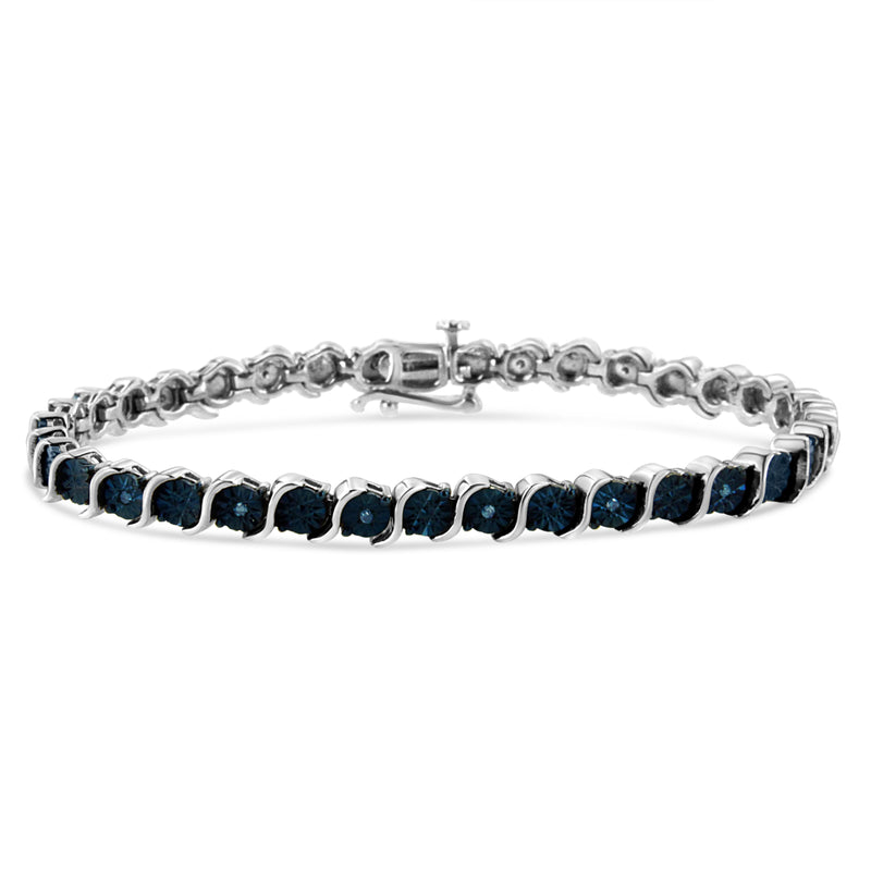 .925 Sterling Silver 1/10 Cttw Miracle-Set Treated Blue Color Diamond Miracle Plate "S" Link Tennis Bracelet (Blue Color, I2- I3 Clarity) - 7.25"