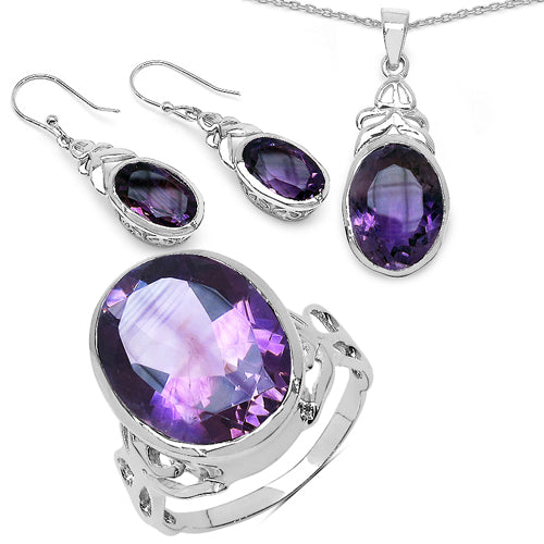 26.66 Carat Genuine Amethyst .925 Sterling Silver Ring, Pendant and Earrings Set