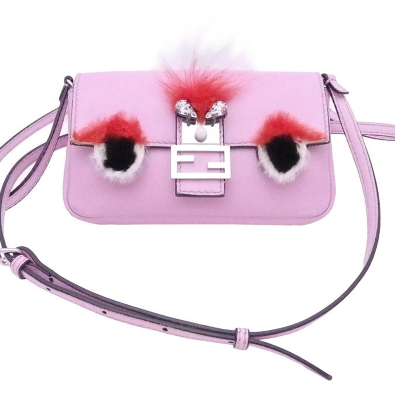 Fendi FENDI Shoulder Bag Micro Baguette Pink Multicolor Leather Fur Ladies