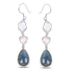 25.74 Carat Genuine Labradorite, Crystal Quartz and Rose Quartz .925 Sterling Silver Earrings