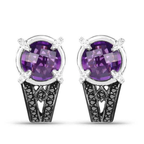 3.61 Carat Genuine Amethyst, Black Diamond and White Diamond .925 Sterling Silver Earrings