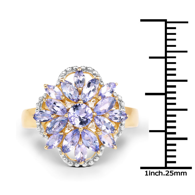 14K Yellow Gold Plated 2.01 Carat Genuine Tanzanite & White Topaz .925 Sterling Silver Ring
