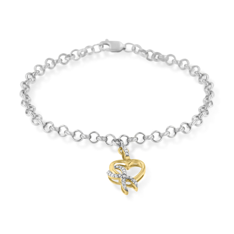 10K Yellow Gold 1/10 Cttw Diamond Awareness Ribbon & Heart Charm on 7" .925 Sterling Silver Rolo Bracelet (H-I Color, I1-I2 Clarity)