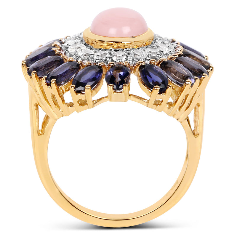 14K Yellow Gold Plated 5.44 Carat Genuine Pink Opal, Iolite And White Topaz .925 Sterling Silver Ring