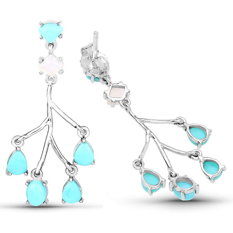 3.55 Carat Genuine Turquoise and White Agate .925 Sterling Silver Earrings