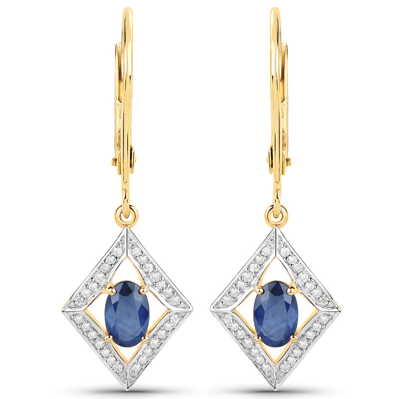 1.14 Carat Genuine Blue Sapphire and White Diamond 14K Yellow Gold Earrings