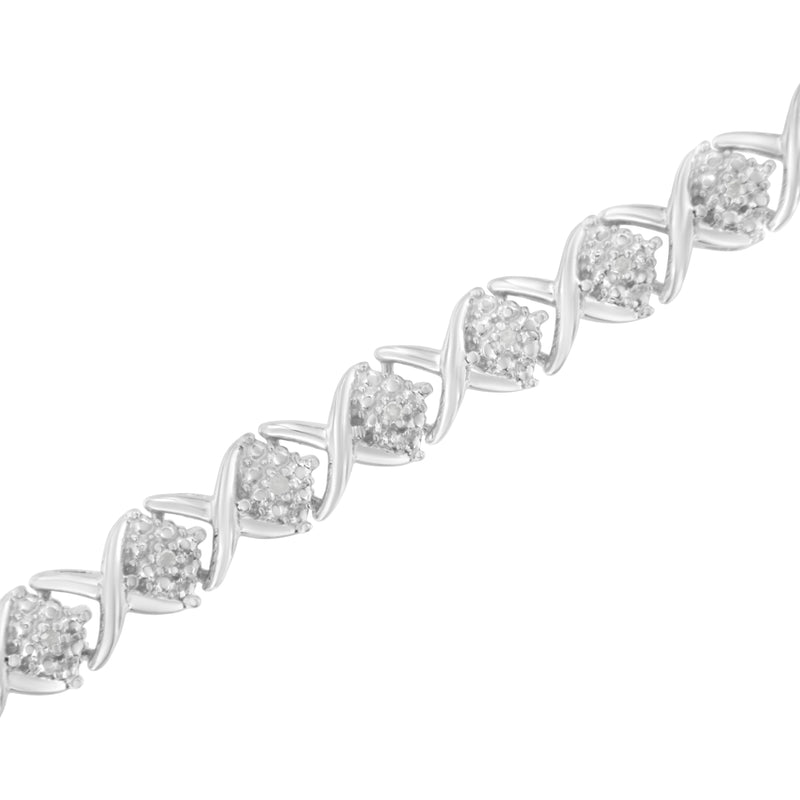 .925 Sterling Silver Round-Cut Diamond Accent Floral Cluster and "X" Link Bracelet (I-J Color, I3 Clarity) - 7.25"