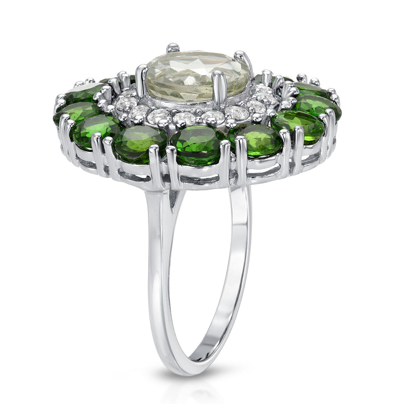 6.50 Carat Genuine Green Amethyst, Chrome Diopside and White Topaz .925 Sterling Silver Ring