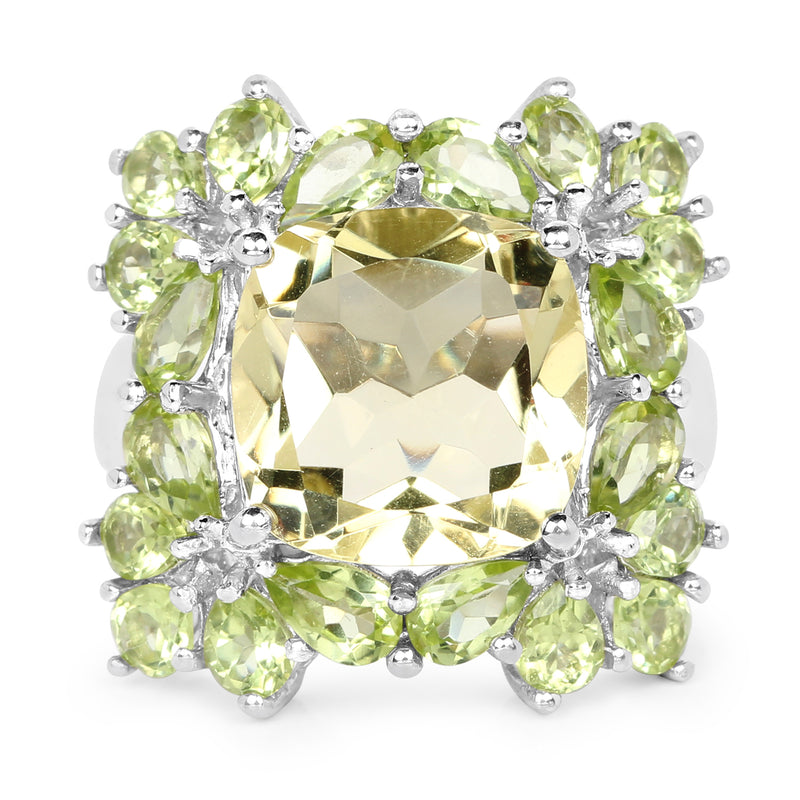 9.38 Carat Genuine Lemon Quartz & Peridot .925 Sterling Silver Ring