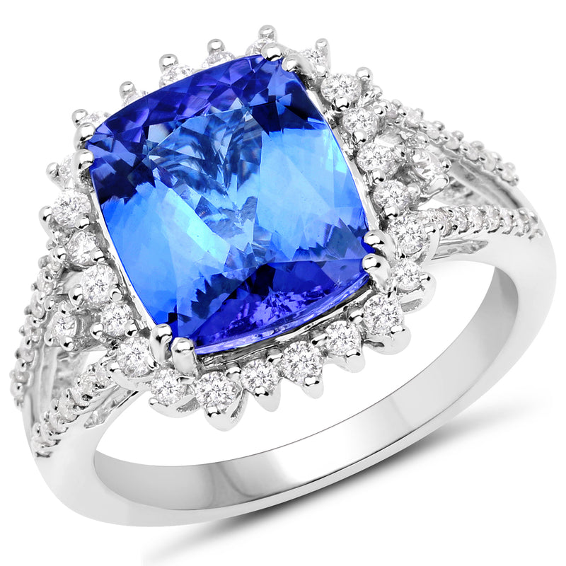 14K White Gold 5.08 Carat Genuine Tanzanite and White Diamond Ring