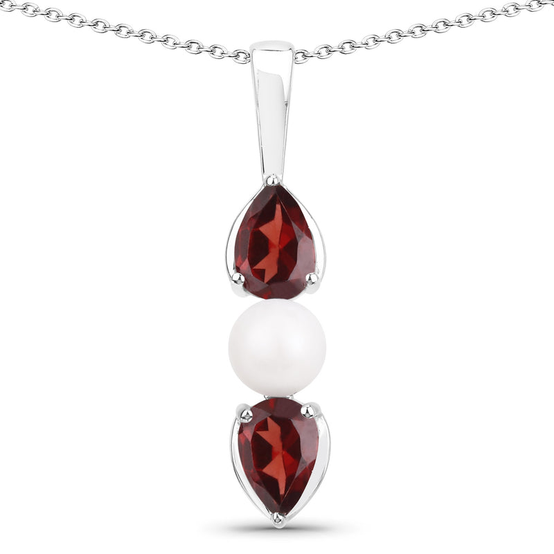 6.20 Carat Genuine Garnet and Pearl .925 Sterling Silver 3 Piece Jewelry Set (Ring, Earrings, and Pendant w/ Chain)