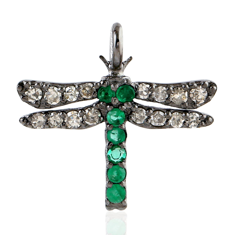 Pave Diamond & Emerald Dragonfly Charm Pendant 925 Silver Jewelry