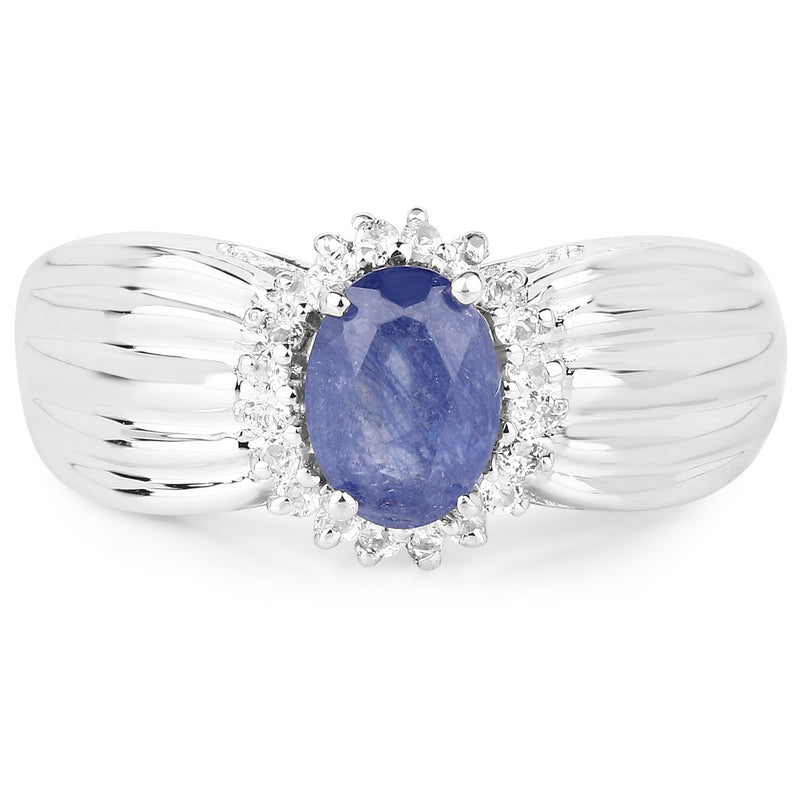 1.10 Carat Genuine Glass Filled Sapphire and White Topaz .925 Sterling Silver Ring