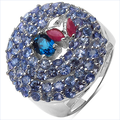 3.31 Carat Genuine London Blue Topaz , Ruby & Tanzanite .925 Sterling Silver Ring