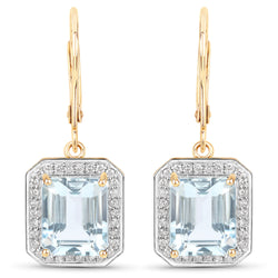 9.24 Carat Genuine Aquamarine and White Diamond 14K Yellow Gold Earrings