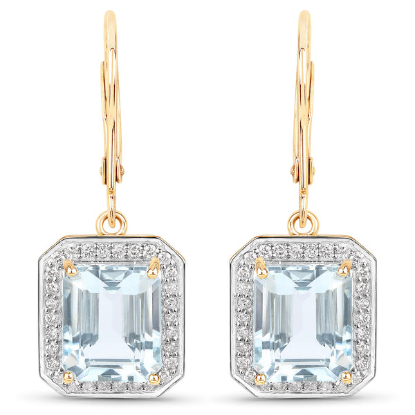 9.24 Carat Genuine Aquamarine and White Diamond 14K Yellow Gold Earrings