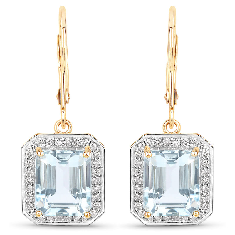 9.24 Carat Genuine Aquamarine and White Diamond 14K Yellow Gold Earrings