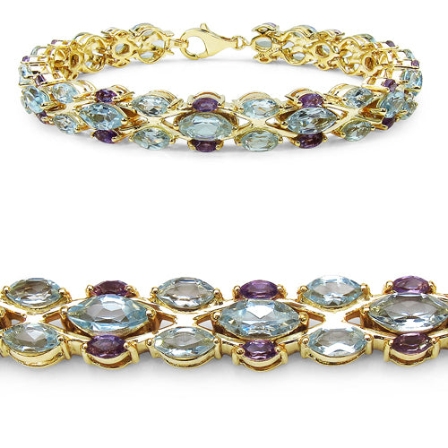 14K Yellow Gold Plated 16.32 Carat Genuine Blue Topaz & Amethyst .925 Sterling Silver Bracelet